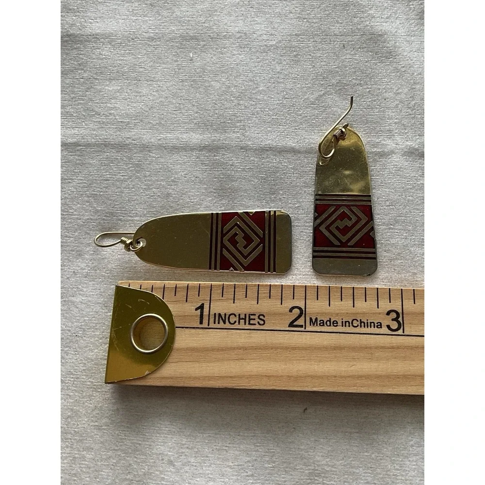 Signed Laurel Burch Red And Gold Tone Dangle Earrings Vintage Estate Jewelry - Picture 4 of 4